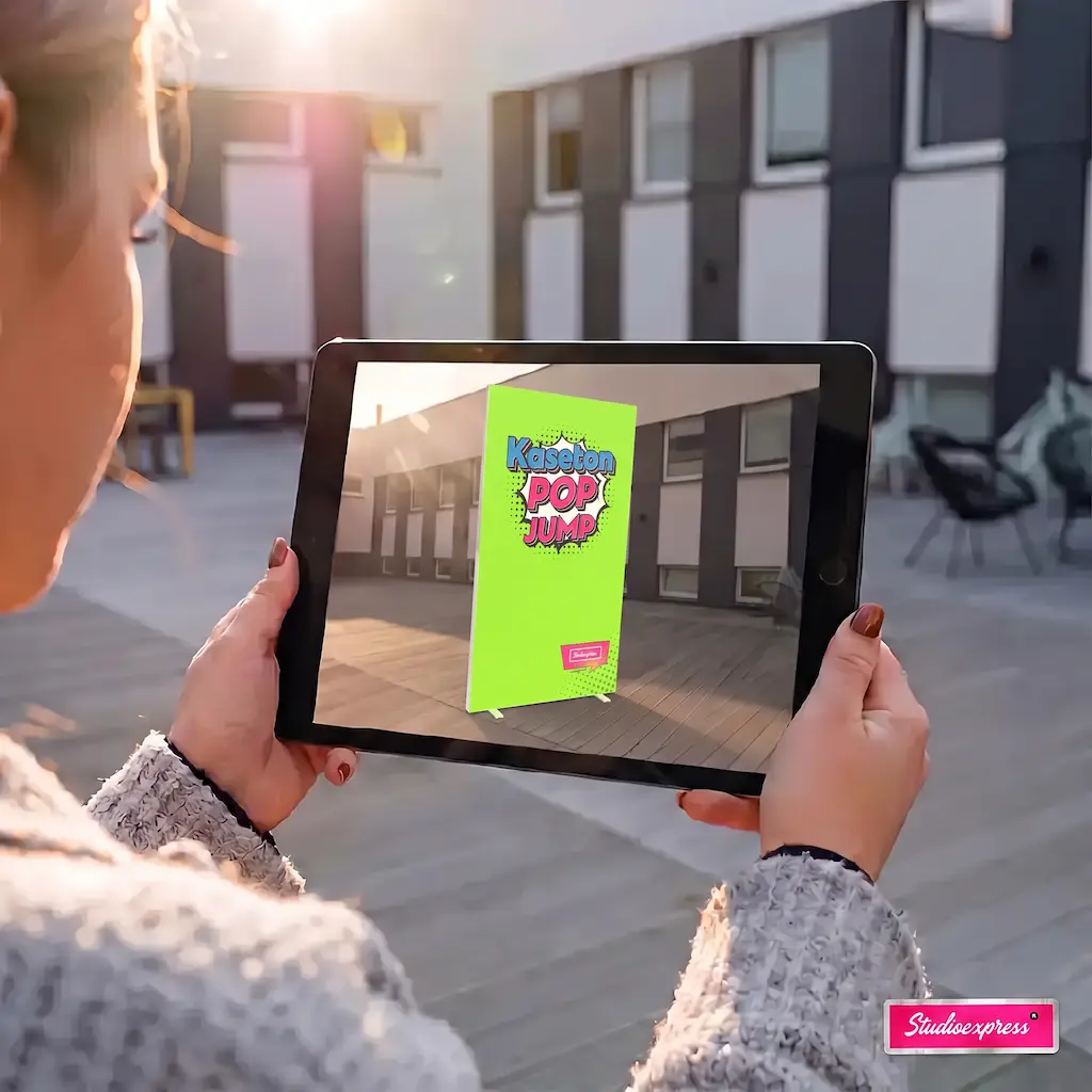 Kaseton reklamowy 100x225 na tablecie w trybie AR 3D